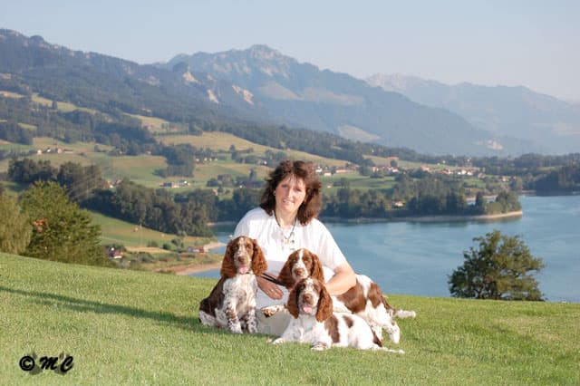 Catherine et ses springers spaniels anglais, au-dessus du lac, en Gruyère